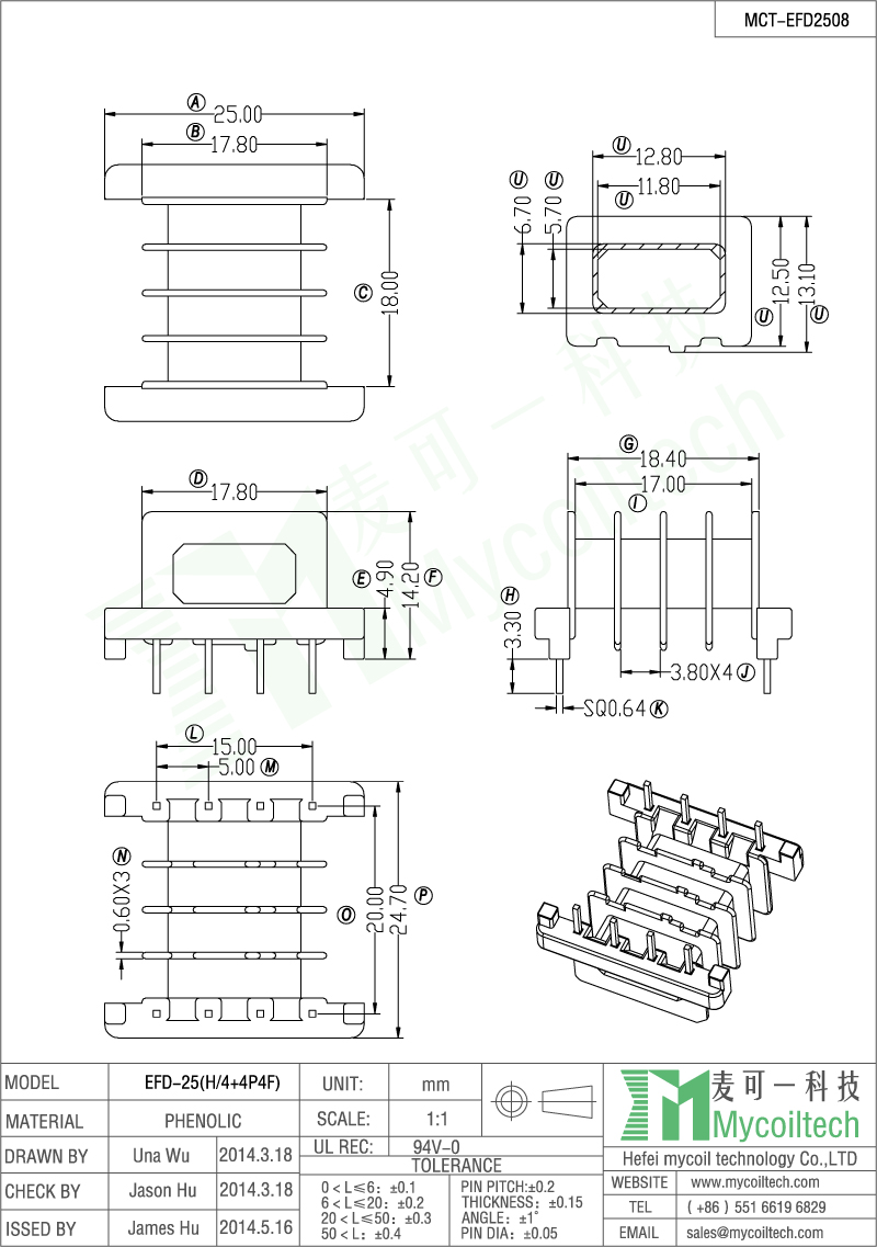 Four slots EFD25 transformer bobbin