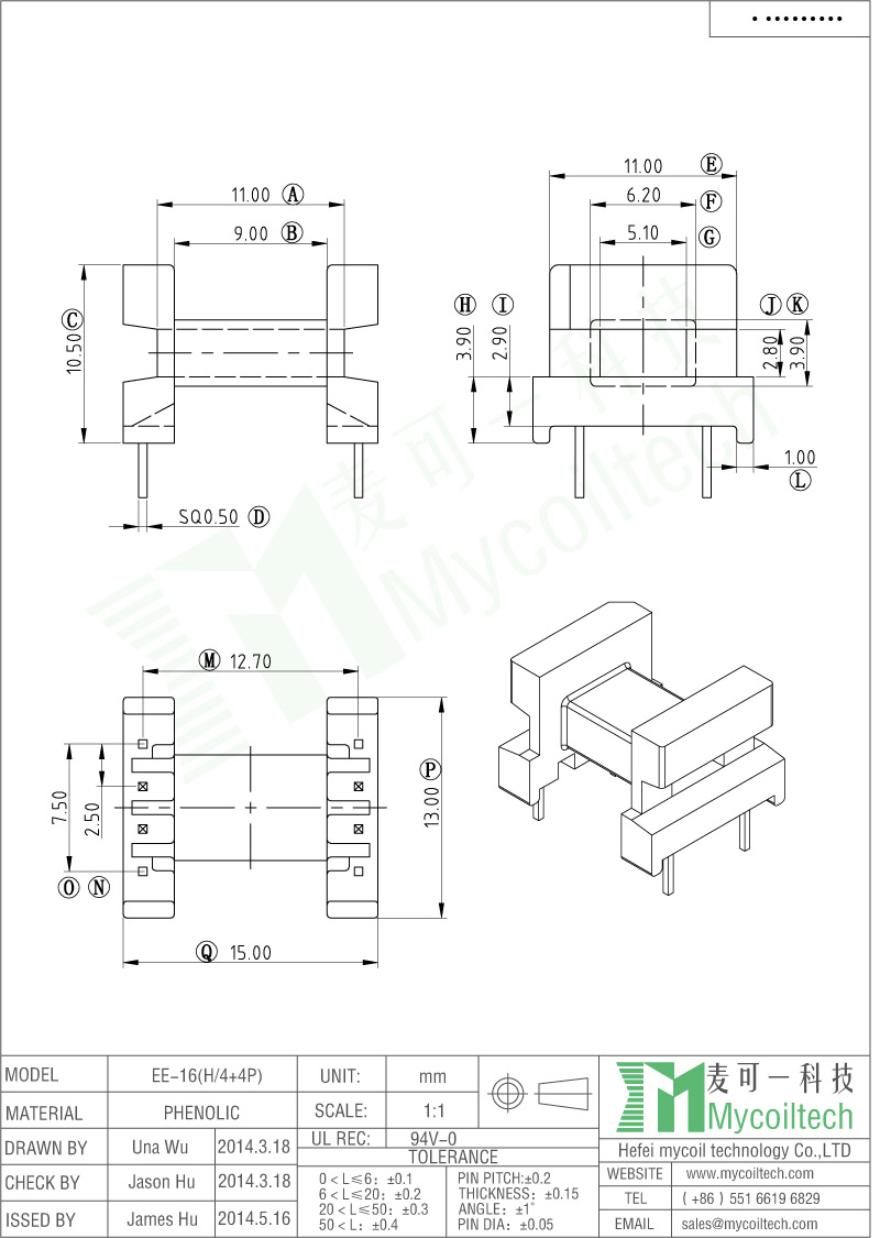 EE16 Horizontal Transformer Bobbin Phenolic Material With 4+4 Pins