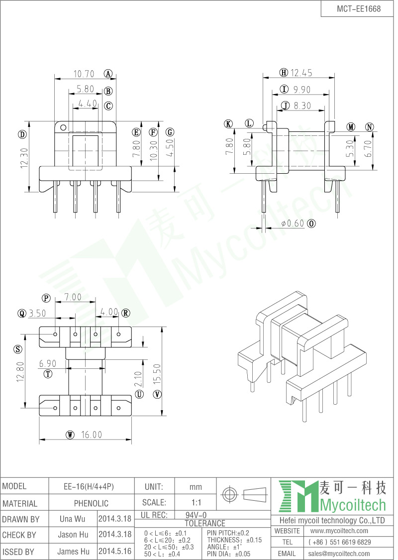 Phenolic Material EE16 Dip Transformer Bobbin With 4+4 Pins