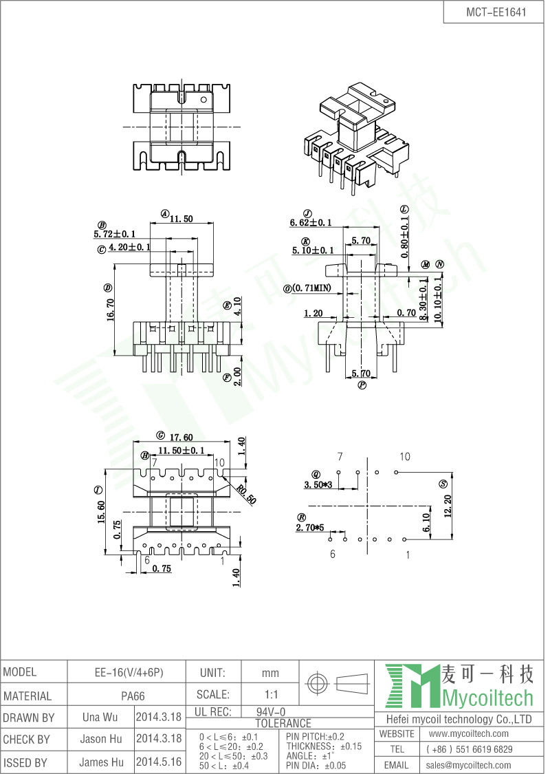 Vertical Bobbin EE16 Transformer Bobbin With 4+6 Pins