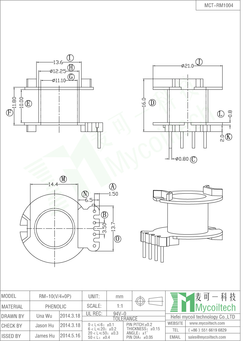 RM10 transformer bobbin with 4+0 Pin bobbin