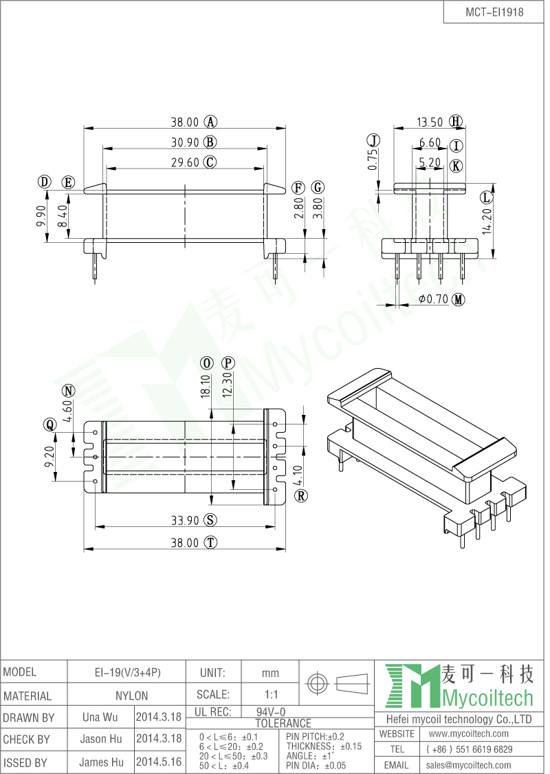 EI19 transformer bobbin 3+4 pins