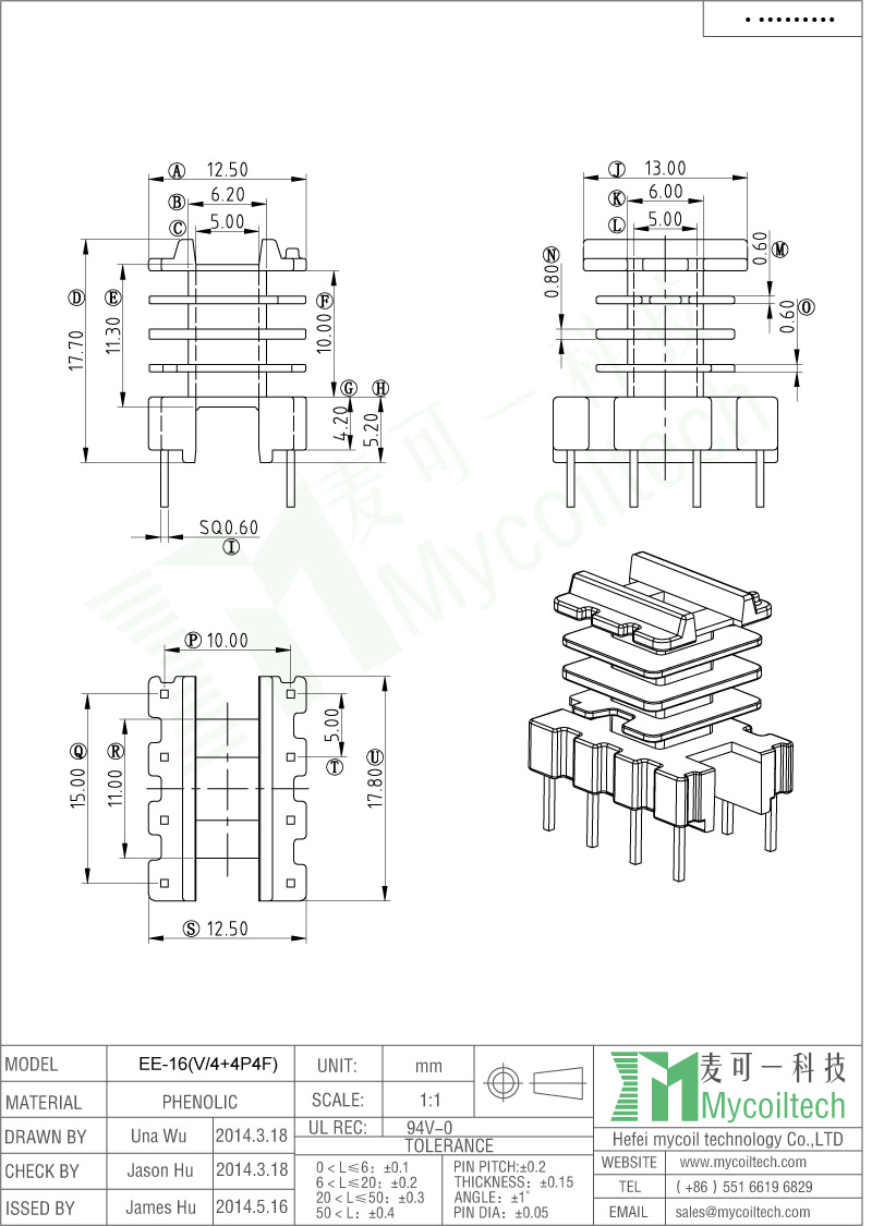 Four Slots EE16 Vertical Transformer Bobbin With 4+4 Pins