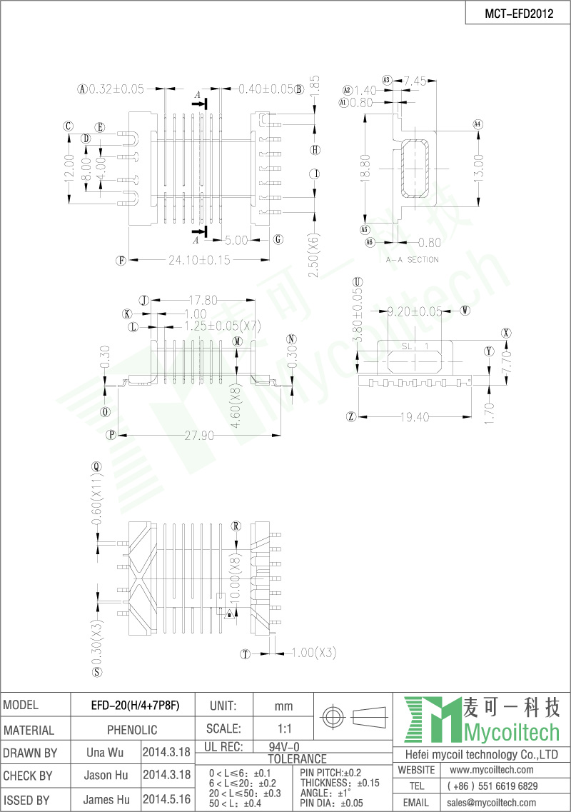  EFD20 High Power Transformer Bobbin 4+7 pin