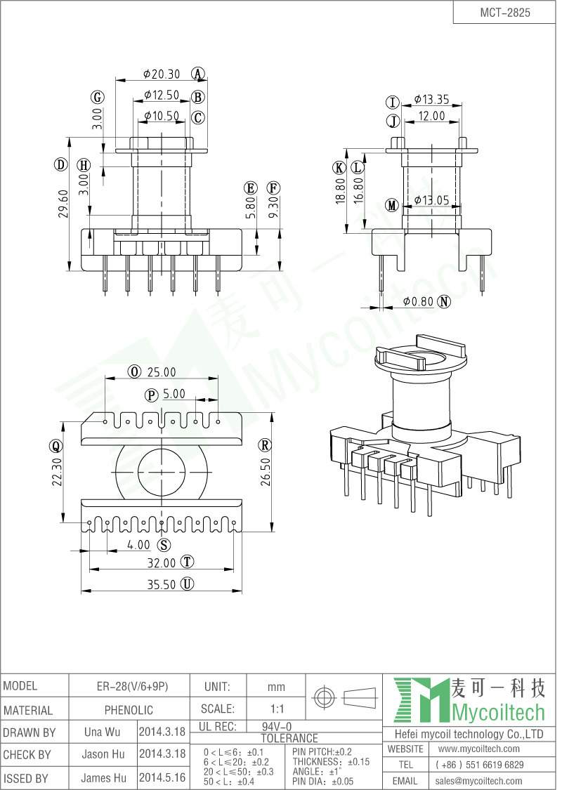 ER2825 6+9 pins coil bobbin