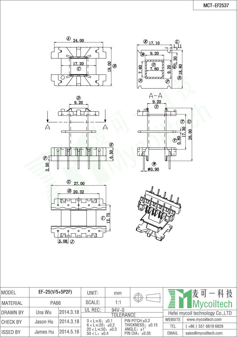 EF25 double slots bobbin 10 pin