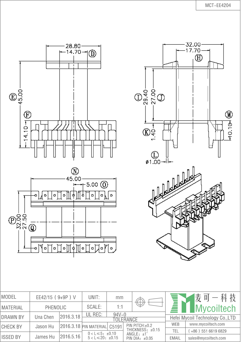 9+9 pin EE42 coil bobbin