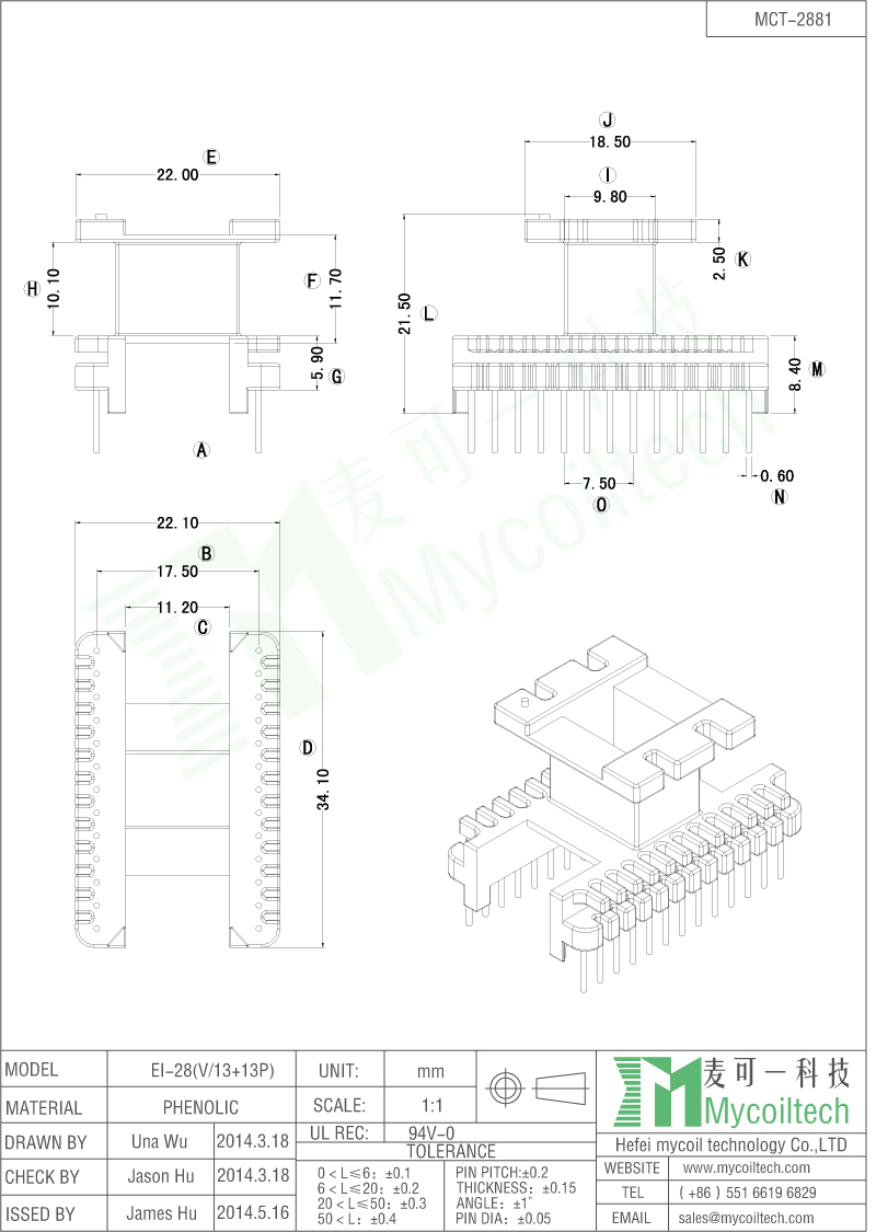 13+13 pins Transformer bobbin EI28