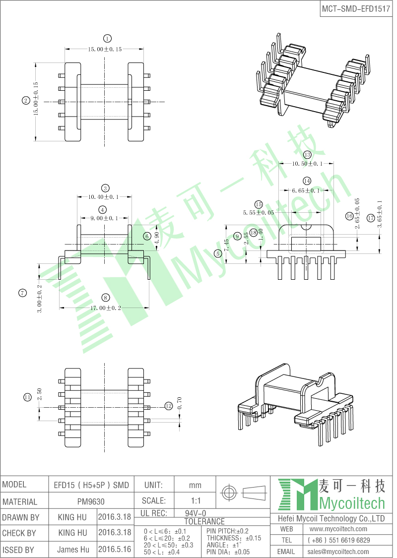 EFD15 L pin bobbin 5+5 pin