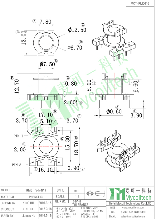 4+4 pin RM6 vertical bobbin