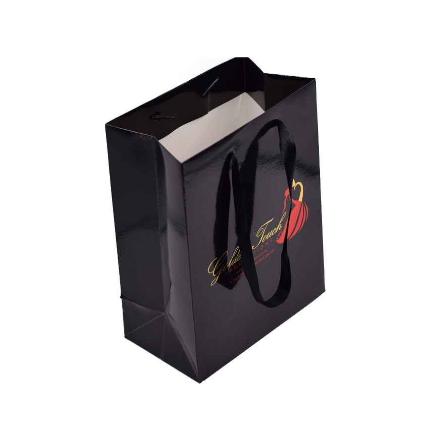 glossy paper bag with satin ribbon