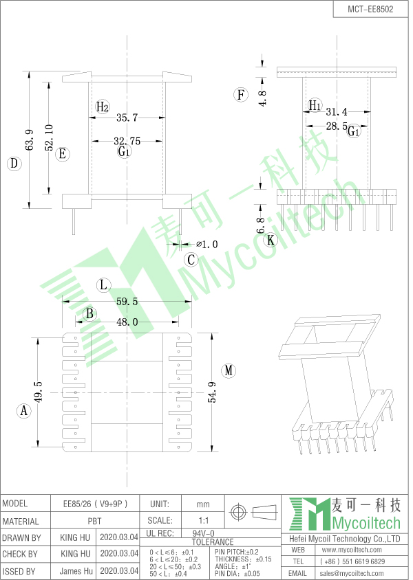 EE85/26 transformer bobbin datasheet