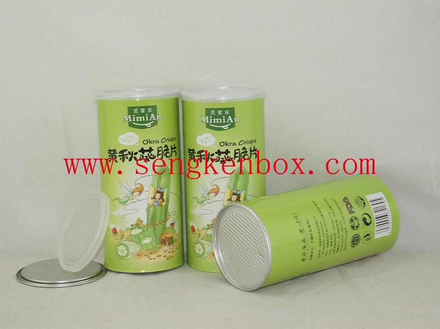 Customizable Okra Chip Cylinder Packaging Cans With Plastic Seal Lid