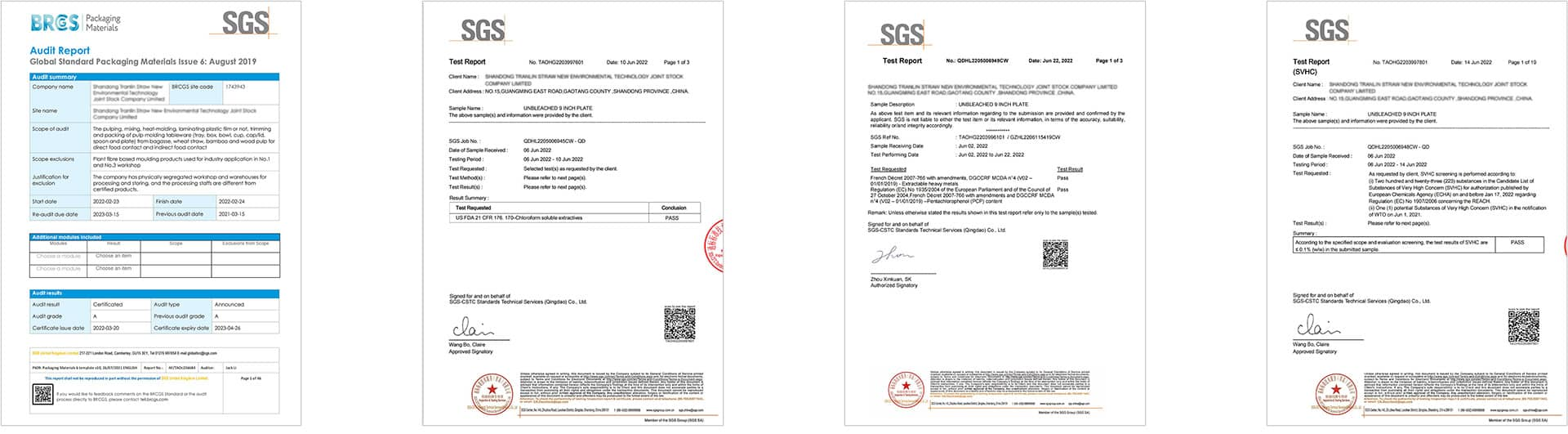 Sugarcane Pulp Tableware Certificates