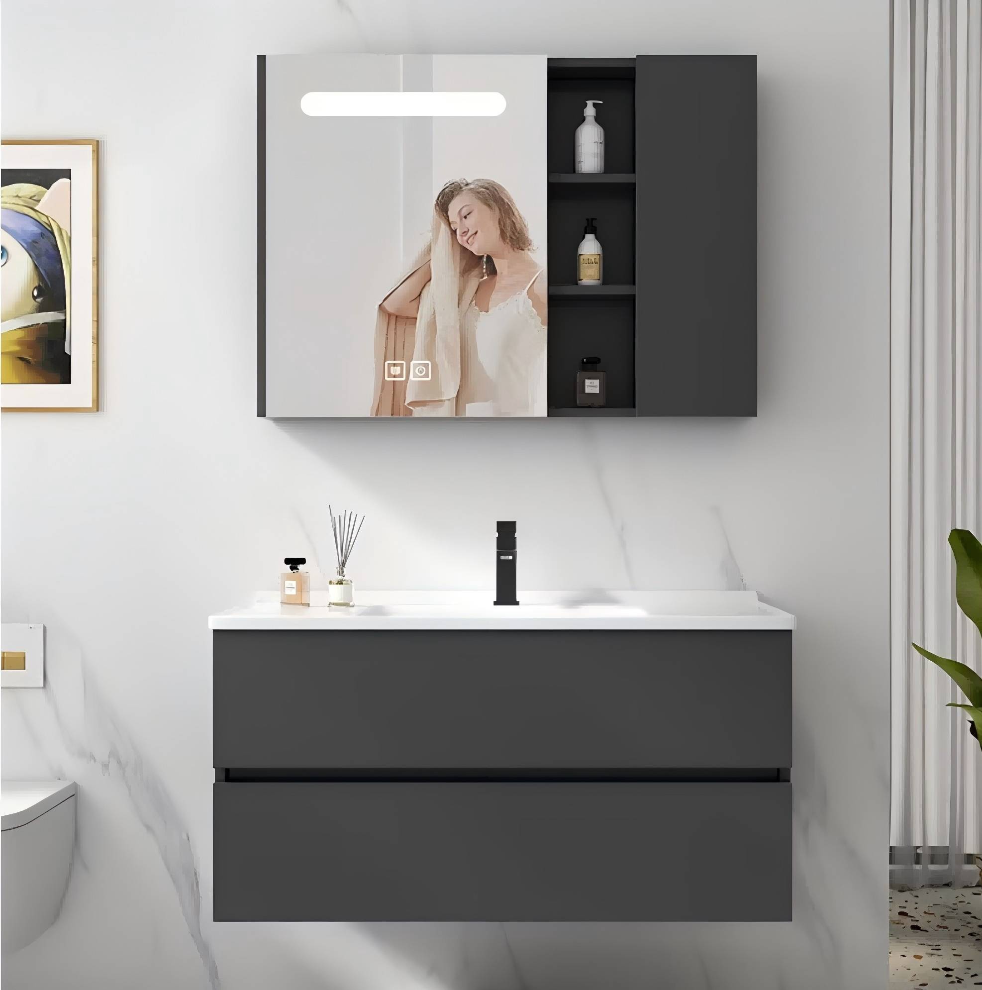 black wall hanging vanity base with medicine cabinet